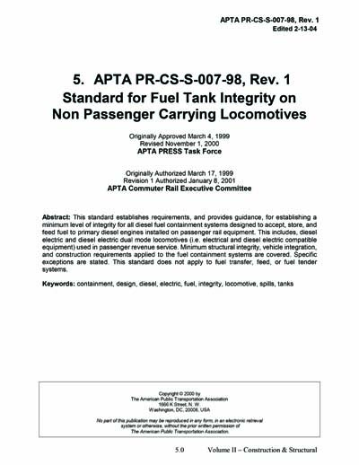 APTA-PR-CS-S-007-98 Rev 1 [2004] - Standard for Fuel Tank Integrity on ...