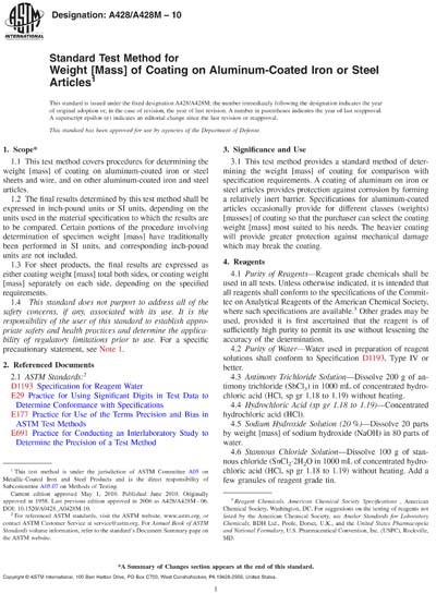 ASTM A428/A428M-10 - Standard Test Method for Weight [Mass] of Coating ...