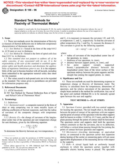 Flexivity ASTM B106-96 - Standard Test Methods for Flexivity of Thermostat Metals