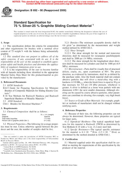 ASTM B692-90(2000) - Standard Specification for 75% Silver-25% Graphite ...