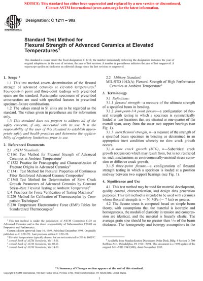 ASTM C1211-98a - Standard Test Method for Flexural Strength of Advanced ...