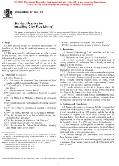 ASTM C1283-03 - Standard Practice for Installing Clay Flue Lining