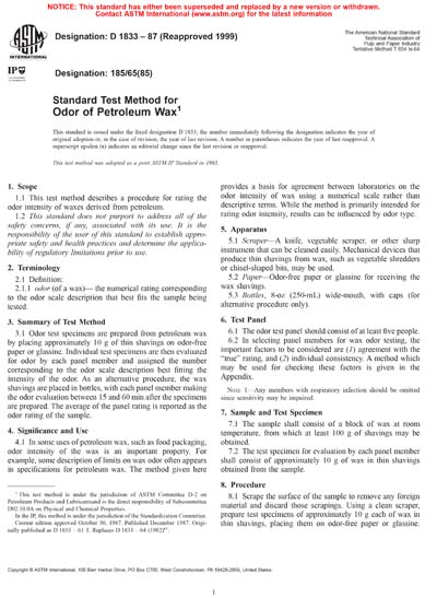 ASTM D1833-87(1999) - Standard Test Method for Odor of Petroleum Wax