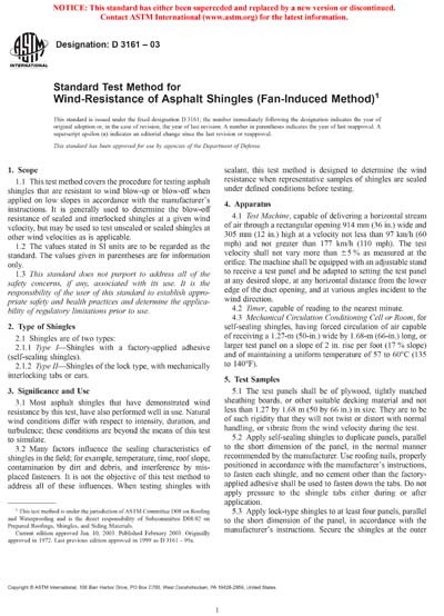 ASTM D3161-03 - Standard Test Method for Wind-Resistance of Asphalt ...