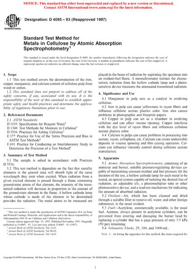 ASTM D4085-93(1997) - Standard Test Method for Metals in Cellulose by ...