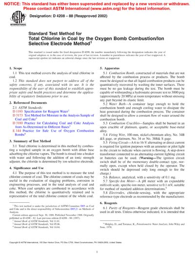 ASTM D4208-88(2002) - Standard Test Method for Total Chlorine in Coal ...
