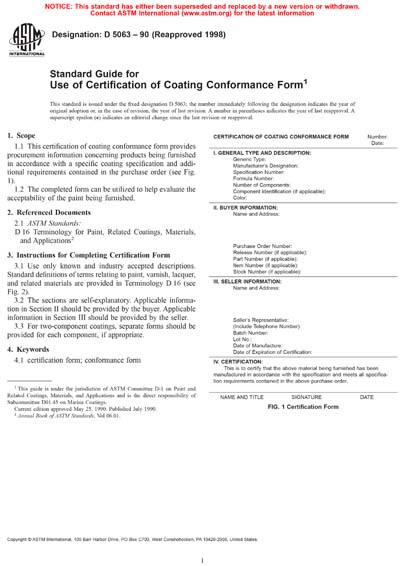 ASTM D5063-90(1998) - Standard Guide for Use of Certification of ...