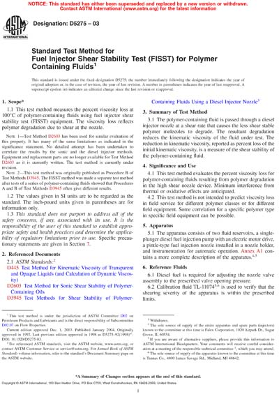 ASTM D5275-03 - Standard Test Method for Fuel Injector Shear Stability ...