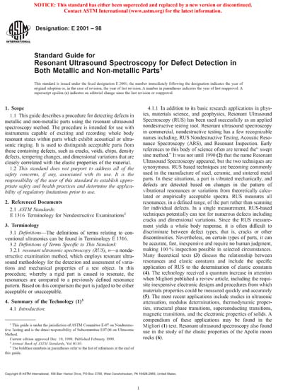 ASTM E2001-98 - Standard Guide for Resonant Ultrasound Spectroscopy for ...