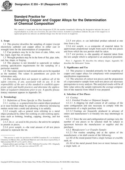 ASTM E255-91(1997) - Standard Practice for Sampling Copper and Copper ...