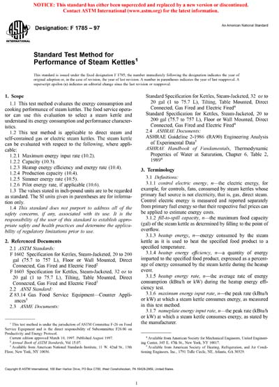 ASTM F1785-97 - Standard Test Method for Performance of Steam Kettles