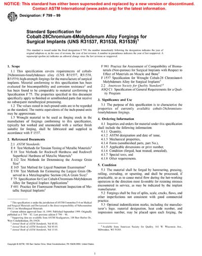 ASTM F799-99 - Standard Specification for Cobalt-28 Chromium-6 ...