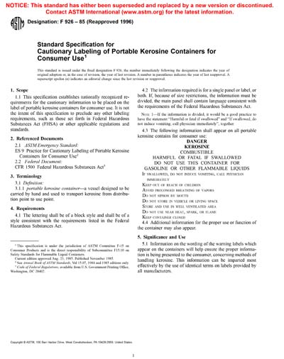 ASTM F926-85(1996) - Standard Specification for Cautionary Labeling of ...