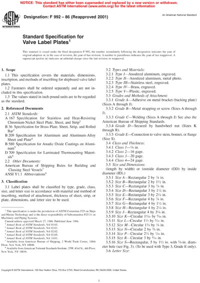 ASTM F992-86(2001) - Standard Specification for Valve Label Plates
