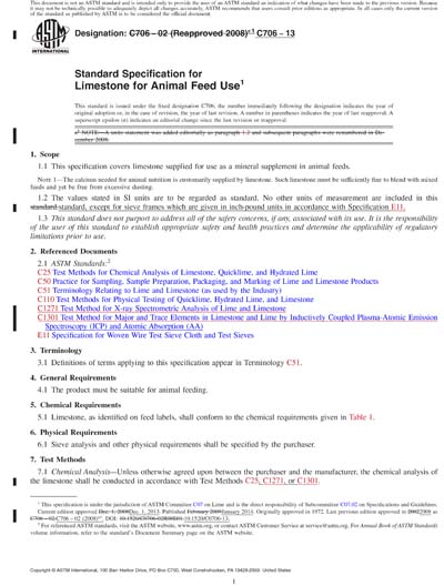 ASTM C706-13 Red - Standard Specification for Limestone for Animal Feed Use  (Standard + Redline PDF Bundle)