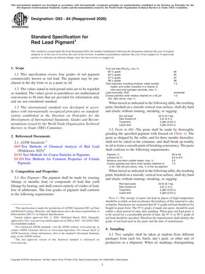 ASTM D83-84(2026) - Standard Specification for Red Lead Pigment