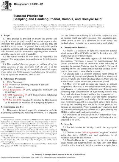 ASTM D3852-07 - Standard Practice for Sampling and Handling Phenol ...