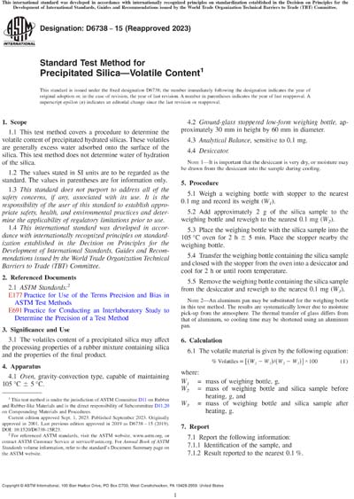 Volatile Content Test ASTM D6738-15(2023) - Standard Test Method for Precipitated Silica ...