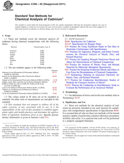 ASTM E396-05(2011) - Standard Test Methods for Chemical Analysis of Cadmium