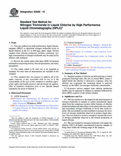 Test Method E336 ASTM E2036-15 - Standard Test Method for Nitrogen Trichloride in Liquid ...