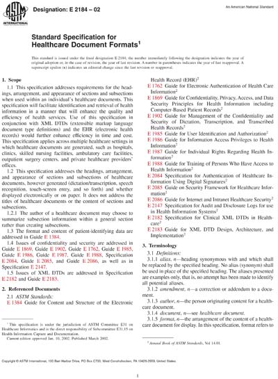 ASTM E2184-02 - Standard Specification for Healthcare Document Formats