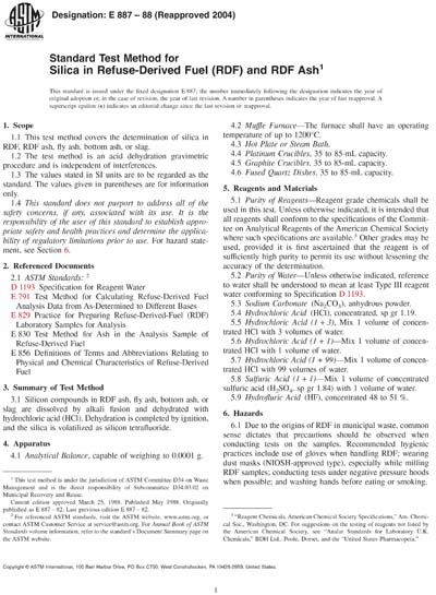 ASTM E887-88(2004) - Standard Test Method for Silica in Refuse-Derived ...