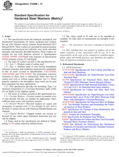 ASTM F436M-09 - Standard Specification for Hardened Steel Washers [Metric]