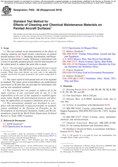 ASTM F502-08 - Standard Test Method for Effects of Cleaning and Chemical  Maintenance Materials on Painted Aircraft Surfaces