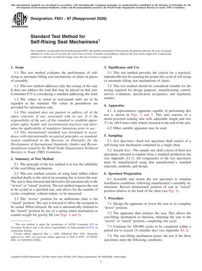 ASTM F851-87(2026) - Standard Test Method for Self-Rising Seat Mechanisms