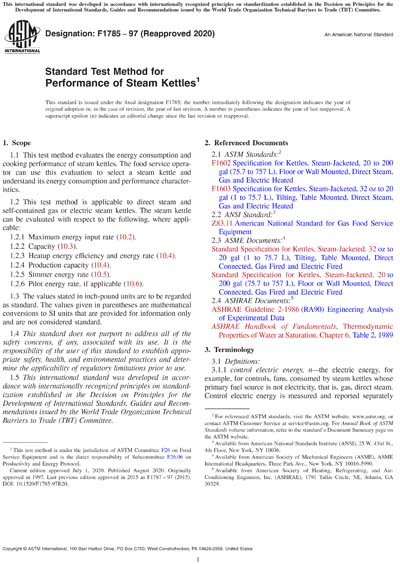 ASTM F1785-97(2020) - Standard Test Method for Performance of Steam Kettles