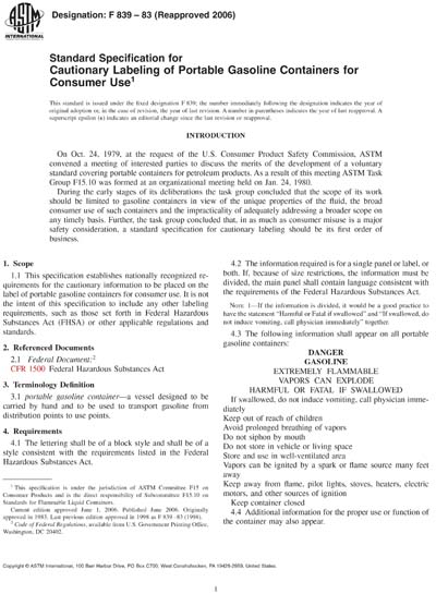 ASTM F839-83(2006) - Standard Specification for Cautionary Labeling of ...