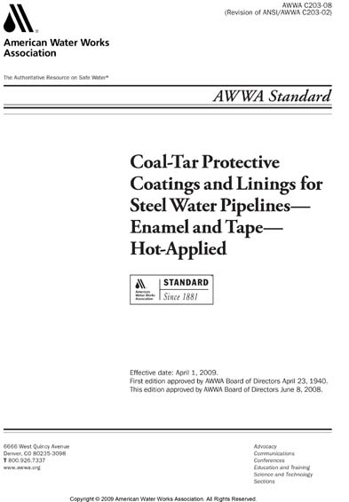 AWWA C203 08 Coal Tar Protective Coatings Linings For Steel Water AWWA C203 08 Coal Tar Protective Coatings Linings For Steel Water