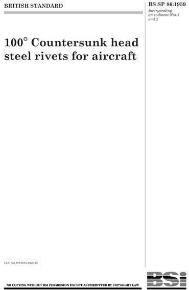 Sp86 Rivets BS SP 86:1959 - 100$0D countersunk head steel rivets for aircraft ...