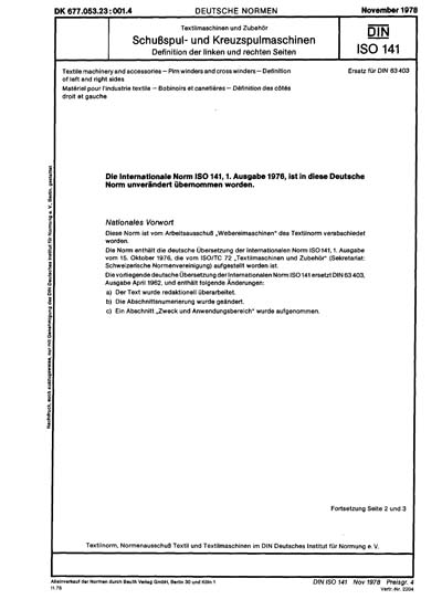 DIN ISO 141:1978 DE - Textilmaschinen und Zubehör; Schußspul- und