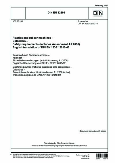 DIN EN 12301:2010 - Plastics and rubber machines - Calenders - Safety ...