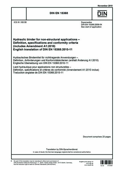 DIN EN 15368:2010 - Hydraulic binder for non-structural applications -  Definition, specifications and conformity criteria; German version EN  15368:2008+A1:2010