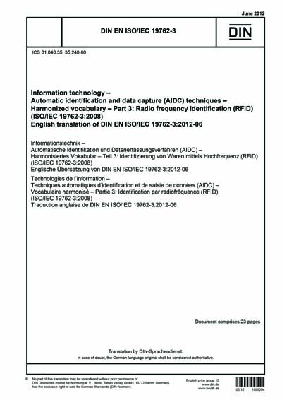 Din En Iso Iec 19762 3 2012 Information Technology Automatic Identification And Data Capture Aidc Techniques Harmonized Vocabulary Part 3 Radio Frequency Identification Rfid Iso Iec 19762 3 2008 German Version En Iso Iec 19762 3 2012