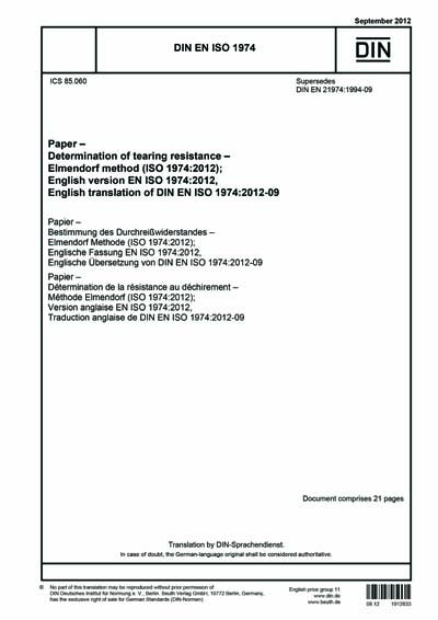 DIN EN ISO 1974:2012 - Paper - Determination of tearing resistance -  Elmendorf method (ISO 1974:2012); German version EN ISO 1974:2012