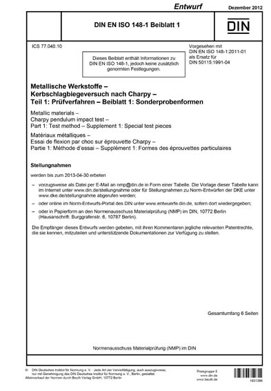 DIN EN ISO 148 1 Beiblatt 1 2012 DE Metallische Werkstoffe 