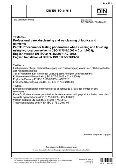 DIN EN ISO 3175-3:2013 - Textiles - Professional care, drycleaning and ...