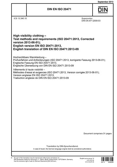 DIN EN ISO 20471:2013 - clothing EN 20471:2013 visibility version methods High Corrected and 20471:2013, requirements (ISO 2013-06-01); German ISO - version Test