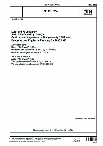 DIN EN 2030:2014 DE - Luft- und Raumfahrt - Stahl X105CrMo17 (1.3544 ...