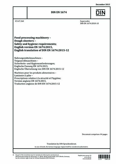 DIN EN 1674:2015 - Food processing machinery - Dough sheeters - Safety ...