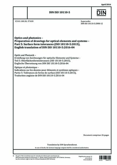 DIN ISO 10110-5:2016 - Optics and photonics - Preparation of drawings ...