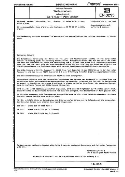 DIN EN 3295:1992 - Aerospace series; shaft-nuts, self-locking, in FE ...