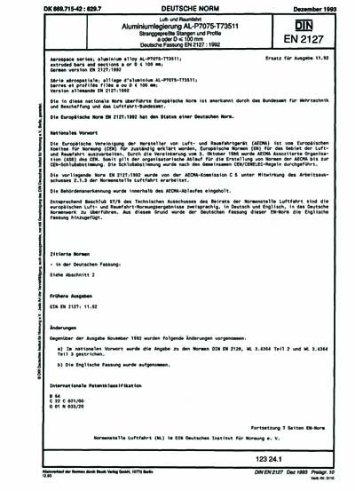 DIN EN 2127:1993 - Aerospace series; aluminium alloy AL-P7075-T73511 ...