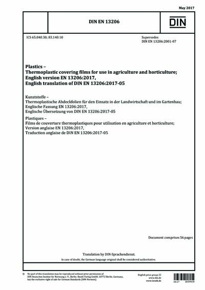 DIN EN 13206:2017 - Plastics - Thermoplastic covering films for use in  agriculture and horticulture; German version EN 13206:2017
