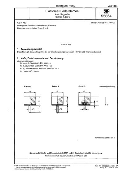 DIN 95364:1994 DE - Elastomer-Federelemente; Anschlagpuffer, Formen A bis G  (Foreign Standard)