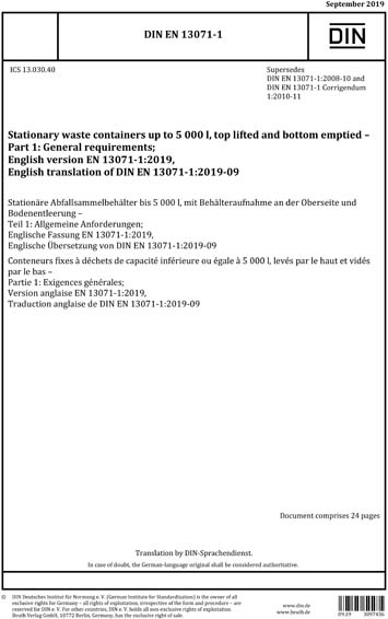 DIN EN 13071-1:2019 - Stationary containers up to 5 000 l, top lifted and emptied - Part 1: General requirements; German version EN 13071-1:2019