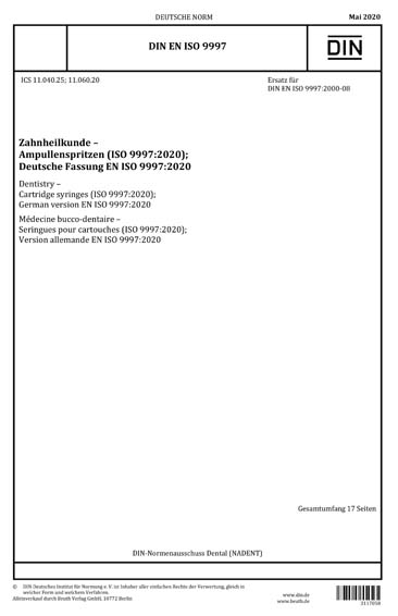 DIN EN ISO 9997:2020 DE - Zahnheilkunde - Ampullenspritzen (ISO 9997: ...